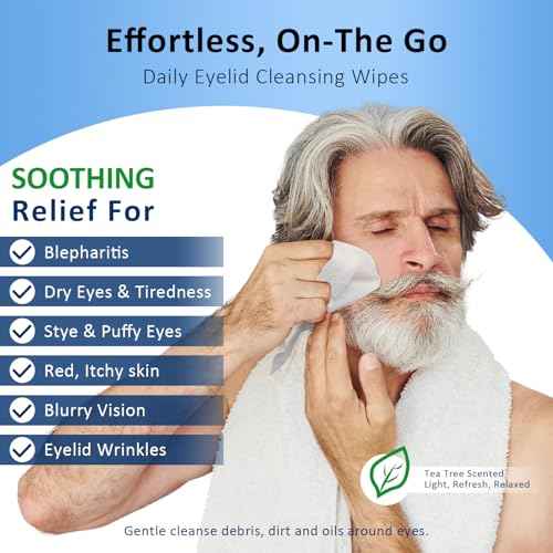 60PCs Eyelid & Lash Wipes with Hyaluronic Acid, Tea Tree Oil Eye Cleaser For Blepharitis, Itchy & Stye Eyes, Pre-Moistened Eyelid Wipes for Dry Eyes Relief, Daily Care Cleanser for Sensitive Eye