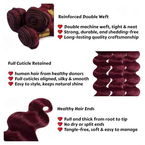99J Burgundy Body Wave Human Hair Bundles 18 20 22 Inch 3 Bundles Brazilian Virgin Remy Hair Extensions Weave Soft Bouncy Curly Sew In for Black Women