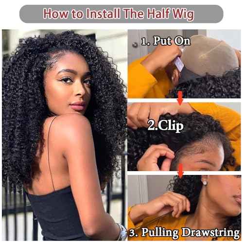 Kinky Curly Half Wig Human Hair 3 in 1 Glueless Wear And Go Human Hair Half Wigs For Women Seamless Flip Over Drawstring Headband Wig 180% Density Beginner Friendly 1B 20inch