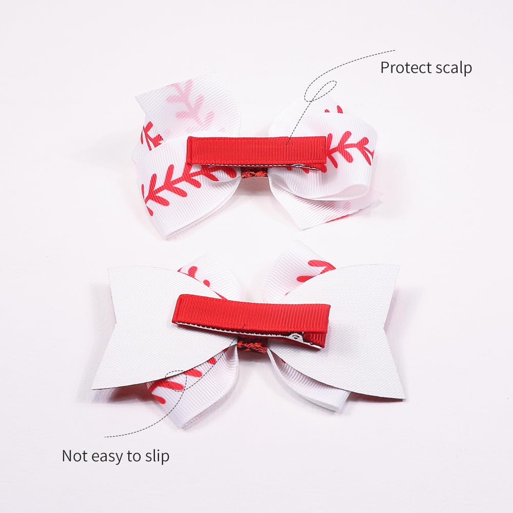 BBTDIN White Softball Hair Clips Bow (B2-Set 2 Pcs) - Hair Clip for Cheer Girls with Grosgrain Ribbon, Large 8 Inch Bow, 1.97 Inch Hair Ring, Fits 3-15 Year Old Kids & Teens