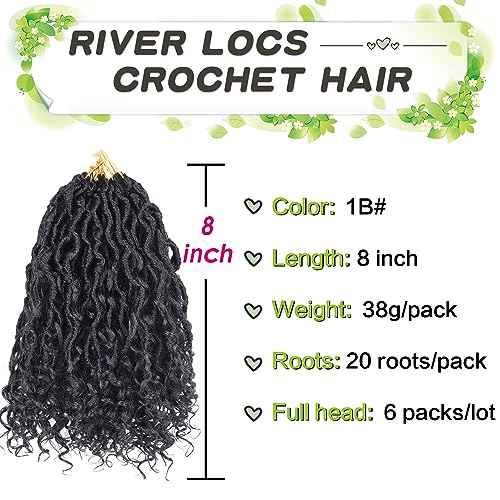 Curly Faux Locs Crochet Hair Extensions 8 Inch 120 roots Goddess Locs Crochet Hair for Black Women Pre Looped Soft River Locs Crochet Braids with Curly Hair Boho Hippie Locs (8 Inch, 6 Packs, T1B)