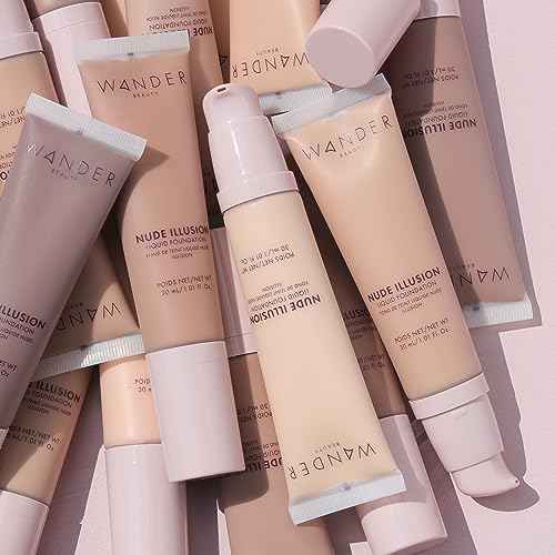 Wander Beauty Nude Illusion Liquid Foundation - Tan - Medium to Full Coverage Foundation - Natural Makeup with Vitamin E & Macadamia - Nude Skin Finish Blurs & Conceals - Travel-Friendly - 1.01 fl oz