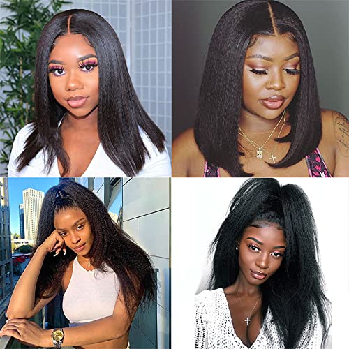 Kinky Straight Human Hair Bundles 10 12 14 Inch Natural Color Unprocessed Brazilian Virgin Hair 8A Grade Kinky Straight Bundles Human Hair Double Weft Weave Extensions Hair Soft And Healthy