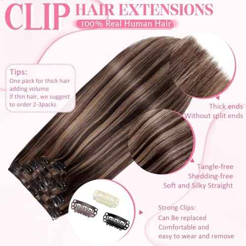 Clip in Hair Extensions Real Human Hair, Seamless Clip ins Real Human Hair for Women, Remy Human Hair Clip in Extensions, Double Weft 8pcs 20 inch Balayage Dark Brown to Chestnut Brown