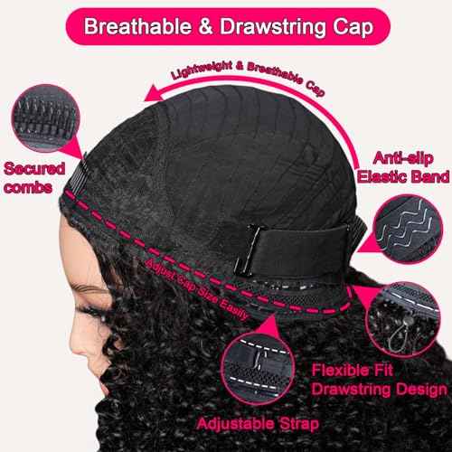 Half Wig Human Hair for Black Women Upgrade Headband Wig 200 Density Wear and Go Glueless Wigs Human Hair Half Wig Curly Human Hair with Drawstring Friendly for Beginner 24 Inch