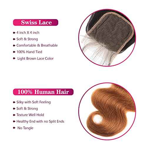 Ombre Human Hair Bundles with Closure Body Wave 3 Bundles 1B/30 Brazilian Virgin Human Hair Two-tone Dark Root with 4x4 Lace Closure(T1B/30, 18 20 22 +16)