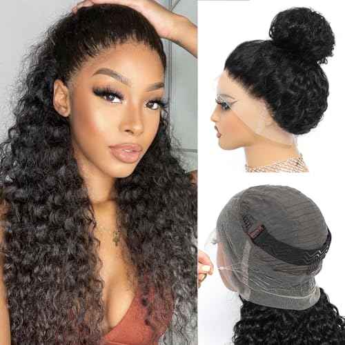 360 Full Lace Human Hair Wig Hidden Strap Deep Wave HD Lace Front GluelessWigs with Drawstring Natural Hairline Curly Human Hair Frontal Wigs for Black Women Natural Color 18 Inch