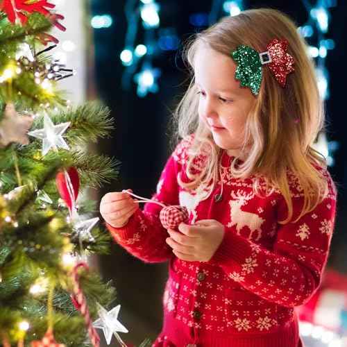 Christmas Hair Bow Clips 3.5 Inch Sparkly Glitter Hairpins Handmade Xmas Hair Accessories for Teens Girls, Red&Green