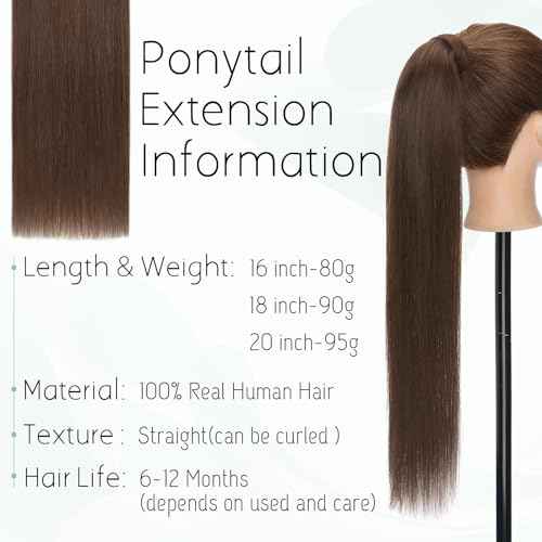 S-noilite Wrap Around Ponytail Extension Human Hair #4 Medium Brown Ponytail Extensions Real Remy Hair 14inch Long Straight Clip in Human Hair Ponytail 80Grams