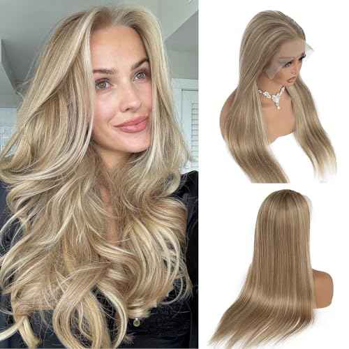 13x6 Ombre Blonde Lace Front Wig Human Hair HD Lace Balayage Highlight Ash Blonde Long Straight Frontal Lace Wigs 180% Density 22 Inch Glueless Blonde Highlight Wig with Brown Roots Pre Plucked