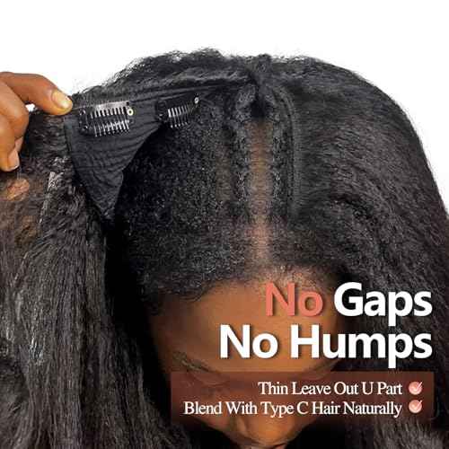 WIGER Kinky Straight U Part Wigs Human Hair Half Wig Natural Color Glueless Thin Leave Out Curly Hair 200% Density 18 Inch kinky Curly Clip in Wigs for Black Women Wear And Go Wig