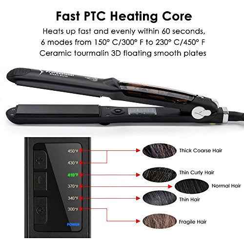 Steam Hair Straightener Flat Iron Professional Ceramic Tourmaline 2-in-1 Straightening Iron, Adjustable 300-450F Salon Heat, 110-220V Dual Voltage, Black