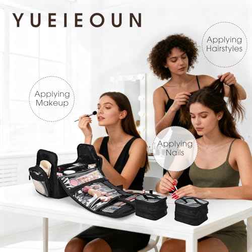 Makeup Train Case 18.1 Inch Large Travel Makeup Organizer Case Portable Makeup Arists Bag with Shoulder Strap Makeup Brush Slots 4 Clear Pouch for Cosmetologist Aesthetic Supplies Nail Tech Makeup Bag