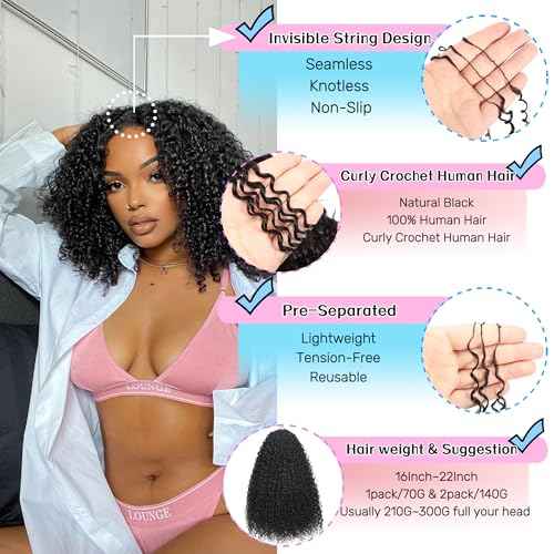 Afro Kinky Curly Knotless Pre-Separated Crochet Hair Extensions 140G Micro Pre Looped Crochet Human Hair Extensions Curly 100% Human Hair Extensions Natural Color (Natural Black(140g), 16 Inch)