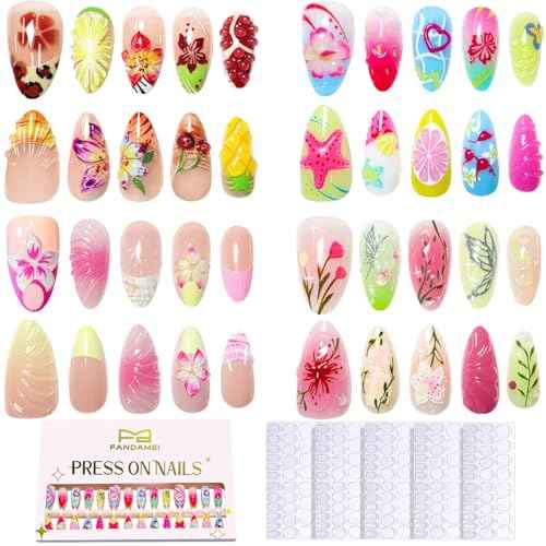 FANDAMEI Press on Nails, 4 Styles 120PCS 3D Flower Press on Nails Short Almond Fake Nails, Medium Almond 3D False Nails, Flower Butterfly Spring Summer Nails for Women