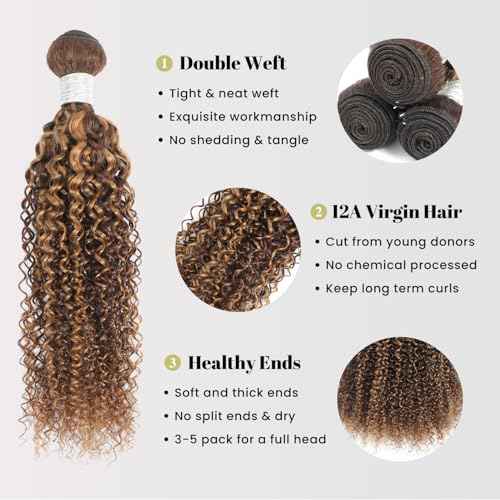 Thick Tracks Honey Blonde Highlight Tight Kinky Curly Human Hair 3 Bundles, 100% 12A Virgin Remy Brazilian Curly Bundles Human Hair #P4/27 Ombre Brown Colored Brazilian Weaves Sew In 14 16 18 In