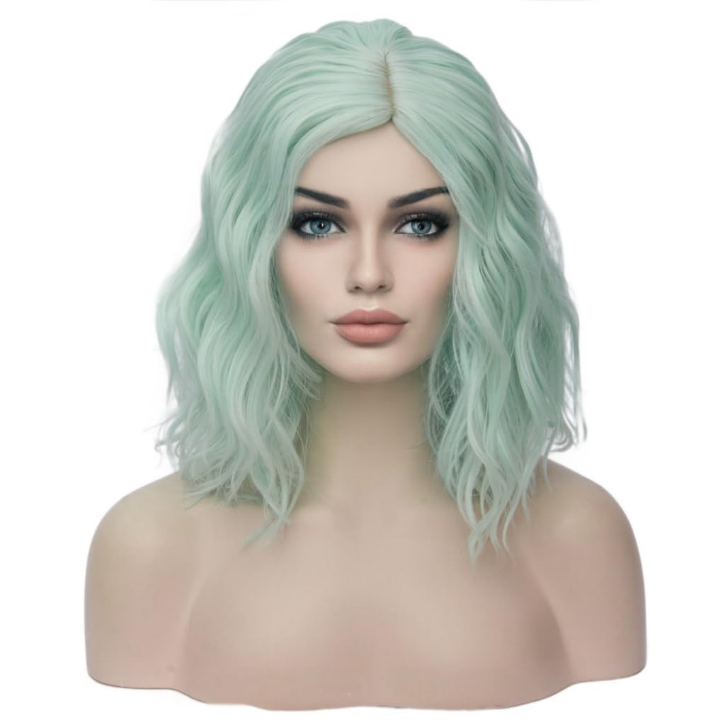 BERON 14" Green Wigs for Women Short Curly Bob Wavy Wig Girls Mint Green Colored Body Wave Heat Resistant Synthetic Cosplay Party or Daily Wigs