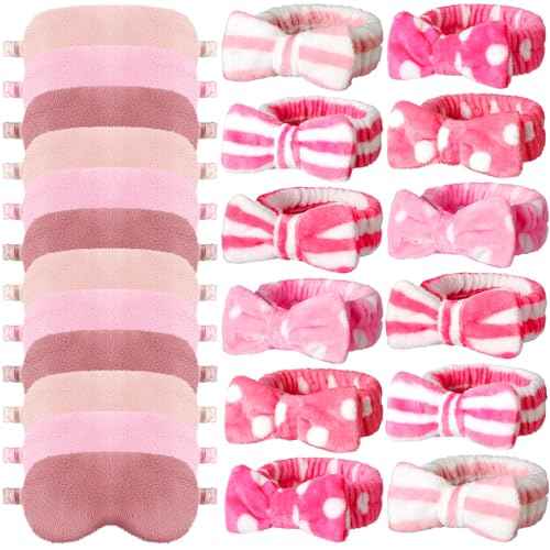 Newcotte Sleepover Party Supplies for Girls, 24 Pcs Includes Plush Sleep Eye Mask and Bow Hair Band, Fur Face Wash Headband Faux Fur Mask for Women (Cute Style)