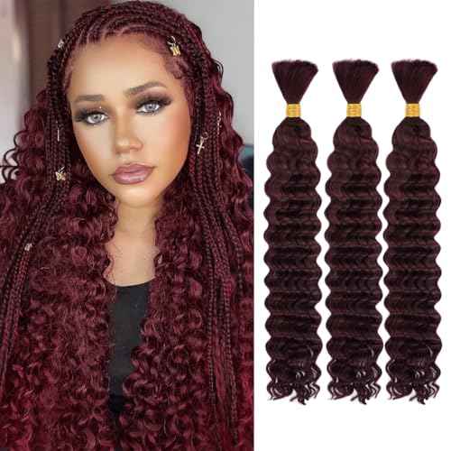 Human Braiding Hair, 3 Bundle 150g 20 Inch Boho Braids Human Hair 10A Deep Wave Bulk Brazilian Virgin No Weft Wavy Hair Extension for Boho Knotless Bohemian Micro Braid Bulk for Braiding 99J