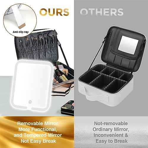 Travel Makeup Case with Removable Large Mirror and Lights 3 Color Adjustable Brightness Dividers with Shoulder Strap Rechargeable,Waterproof,for Travel or Business, Large