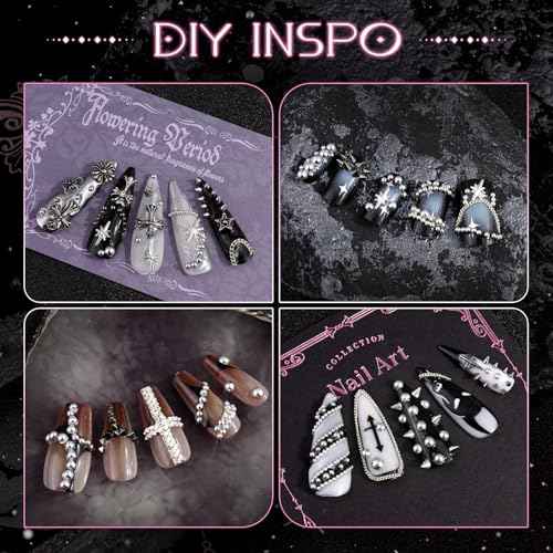 3D Mini Punk Nail Studs Cone Spike Alloy Rivets (Black+Silver), Flatback Nail Pearls and Round Steel Balls Beads(Silver), Goth Nail Charms and Gems for Nail Accessories