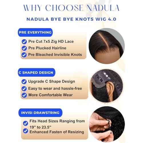 Nadula Bye Bye Knots Glueless Kinky Curly Drawstring Wig Human Hair with 4C Curly Edges, Pre Cut 7X5 HD Lace Front Ready to Go Afro Kinky Wigs Pre Plucked Bleached Knots with Curly Baby Hair 14inch