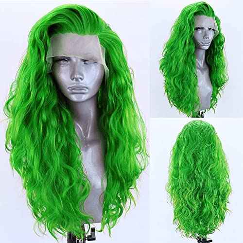 RONGDUOYI Green Long Wavy Synthetic Lace Front Wigs for Women with Side Part Pre Plucked Loose Wave Wig Heat Friendly Fiber Hair Halloween Costume Cosplay Wig 24Inch