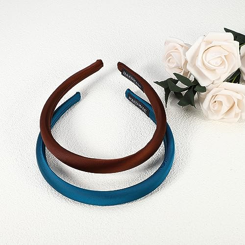 VOCOSTE 2 Pcs Solid Simple Silk Headbands, Fashion Hair Hoop for Women, Anti Slip Hair Accessories, Blue, Dark Coffee, 0.59" Wide