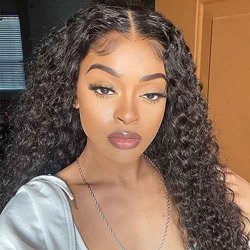Deep Wave Curly Lace Front Wigs Human Hair 13x4 Frontal Wigs Deep Curly Human Virgin Hair Wigs 16 inches Glueless Deep Curly Wigs 150% Density Pre Plucked with Baby Hair Natural Color (16inches)