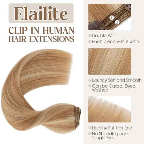 Elailite Clip in Hair Extensions Real Human Hair Double Weft Thick 8pcs Weft Golden Brown & Bleach Blonde 18 Inch 140g Remy Hairpieces Balayage Full Head Straight for Women