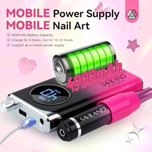 SAVILAND Professional Electric Nail Drill Machine: 40000RPM Rechargeable Nail Drill File with 4000mAh Battery, Ceramic Bit and Sanding Bands for Manicure, Pedicure, Shaping & Acrylic Removal Salon Use