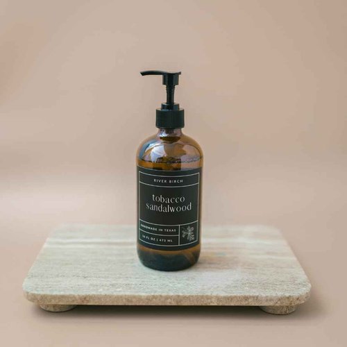 River Birch Tobacco Sandalwood Scented Natural Hand Soap - Handmade Soap - Moisturizing Hand Wash with Amber Glass Dispenser - Luxury Scented Hydrating Hand Soap - Vegan and Non-Toxic - 16 Fl Oz