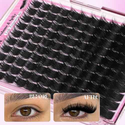 Lanflower Volume Lash Clusters Kit Wispy Spiky Lash Extension Kit 300D Fluffy Cluster Eyelash Extensions 12-20mm Long Eyelash Clusters Fairy Manga Eyelash Extension Kit