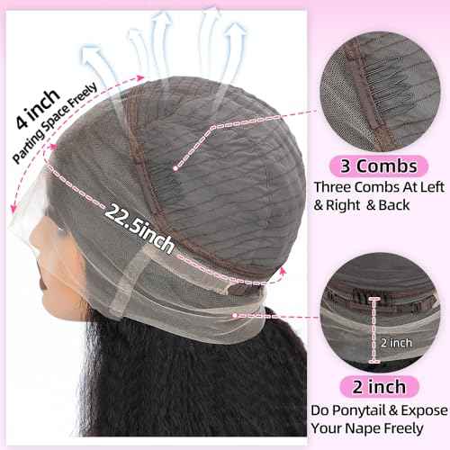 Kinky Straight Human Hair Wig 360 Lace Front Wigs Human Hair 180% Density Yaki Straight Human Hair Wig 18Inch 360 Lace Frontal Wigs Human Hair for Women Natural Color