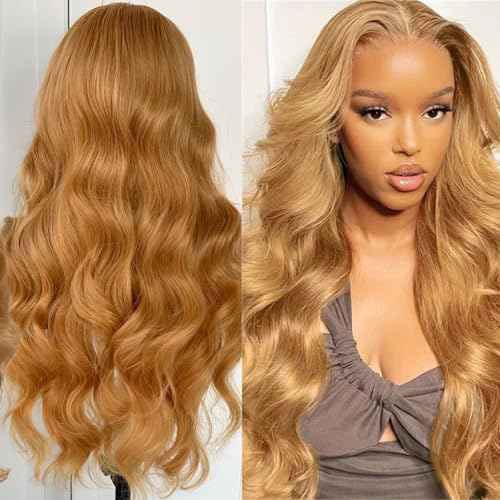 DEWELLY Honey Blonde Wig Human Hair 200% Density Body Wave 5x5 HD Lace Front Wig Human Hair Pre Plucked #27 Colored Body Wave Lace Closure Wigs for Women with Baby Hair 24 Inch