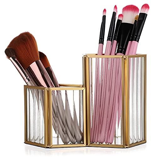 ELLDOO Glass Mirrored Makeup Brush Holder, Pen Cup Holder Pencil Holder for Office Desk, Gold Cosmetic Brush Eye Liners Storage Holder Dresser Vanity Organizer Holder for Women Girls, 2 Slots