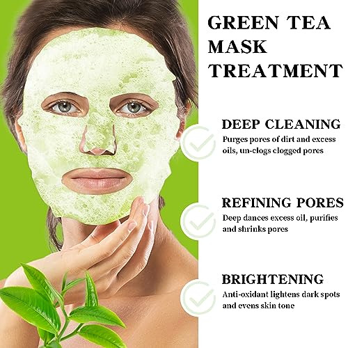 IREV 10 Pack Green Tea O2 Bubble Face Masks Sheet, Bubble Facial Mask, Foaming Face Mask, Purifying Facial Mask for Acne and Pores, Moisturizing Spa Face Masks Skincare, Brightening Beauty Masks