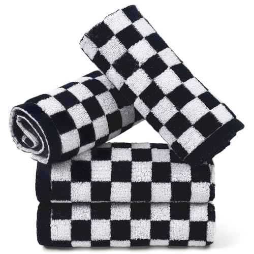 Jacquotha Wash Cloths Checkered 4 Pack (Black and White) - Cotton Washcloths for Face Body, 13 x 13 Inches Daily Cleansing Kitchen Towels