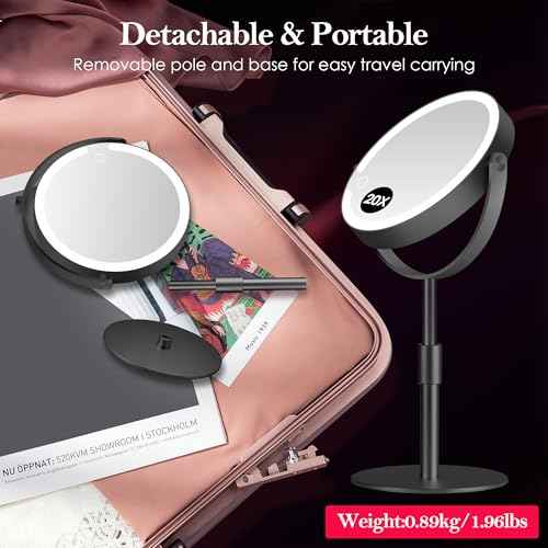 Led Makeup Mirror with Lights, 20X Magnifying Mirror, Rechargeable Magnified Makeup Mirror with 360¡ÆRotation & Height Adjustable, Detachable Vanity Mirror(Black)