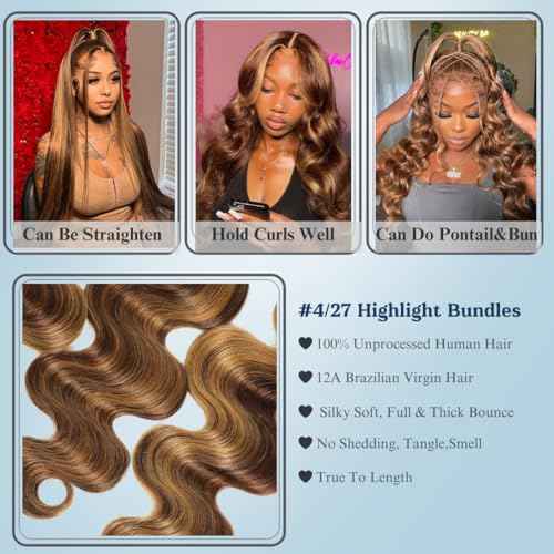 ALHER Body Wave Ombre Human Hair Bundles Honey Blonde Highlight Brown Colored Bundles 12A 100% Brazilian Virgin Remy Human Hair Soft Thick Wavy Weave P4/27 Highlight Piano Color 14 16 18 Inch