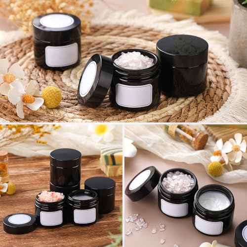 Layhit 60 Pcs 2 oz Glass Jars with Lids Bulk, Small Jars Containers Travel Storage Jar with Inner Liners Labels for Candle Scrubs, Lotions, Cream, Lip Balm (Black,Black Lid)