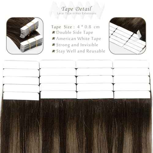 Lacer Human Hair Extensions Tape In Rooted Dark Brown To Chestnut Brown Highlight 16inch 100G Tape Ins Human Hair Extensions Seamless Skin Weft Hair Extension Tape In 100% Remy Human Hair 40pcs