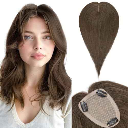 SEGO Hair Toppers for Women Real Human Hair Large Full Silk Base 9 * 14 cm Free Part No Bangs 150% Density Clip In Topper Hairpieces for Women with Thinning Hair -12 Inch #2Y Dark Smoky Brown