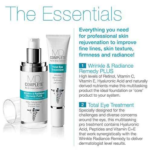 MD Complete Eye Wrinkle Duo | Professional Dermatologist Skin Rejuvenation | includes Wrinkle & Radiance Remedy PLUS with Retinol and Total Eye Treatment with Hyaluronic Acid and Peptides | Set of Two