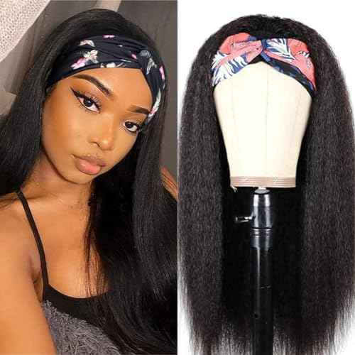 Headband Wigs Human Hair 180% Density 12A Kinky Straight Human Hair Headband Wigs For Black Women Yaki Straight Human Hair Wigs With Headband Attached Natural Black Color 22 Inch