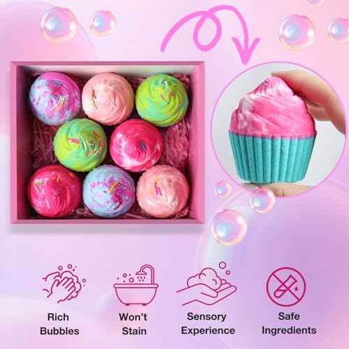 Bath Bombs for Kids with Surprise Bracelets Toys Inside, 8 Cupcake Bath Bombs Gifts Set for Girls, Teens, Children Christmas Birthday Easter, Handmade Fizzes Bubble Spa Bath Kit