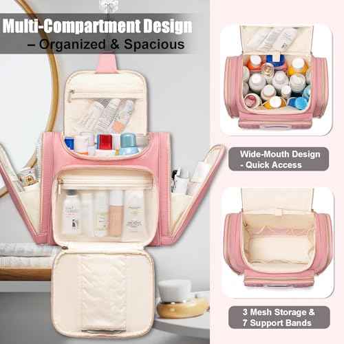 Travel Toiletry Bag for Women, Hanging Toiletry Bag, Bathroom Bag Portable Shower Caddy for College Dorm Travel Shower Bag for Women Water-Resistant Cosmetic Makeup Bag (Pink)