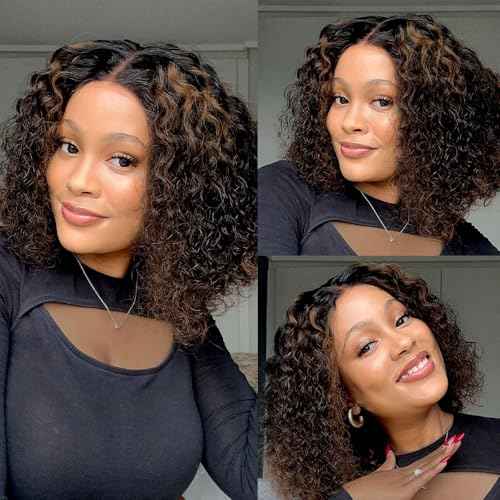 5x5 HD Lace Closure Wigs Human Hair 180% Density 1B/4 Highlight Bob Wig Human Hair Glueless Wigs Pre Plucked Short Curly Human Hair Wig Bleached Knots Ready to Wear (14inches)