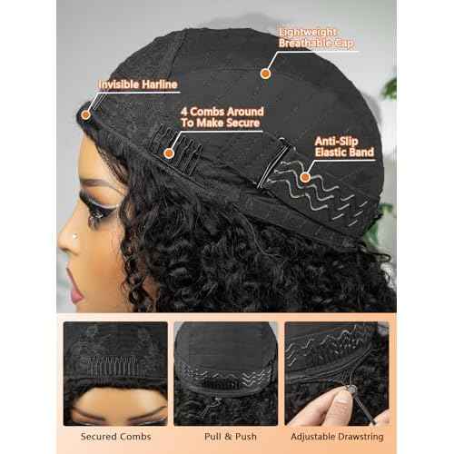 Kinky Curly Half Wig Human Hair 16Inch 250% Density 3 In 1 Seamless Flip Over Half Wigs for Women Wear and Go Glueless Headband Wig Human Hair Drawstring Beginner Friendly