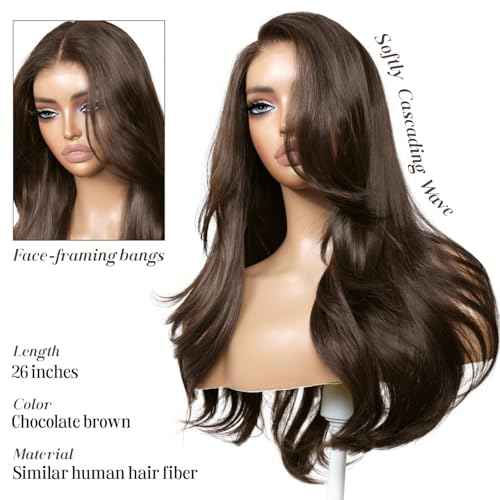 Glueless Wig with Bangs Chocolate Brown Layered Body Wave 13x4 HD Lace Front Pre Plucked Pre Cut Synthetic Wig for Women Wear and Go 23 Inch